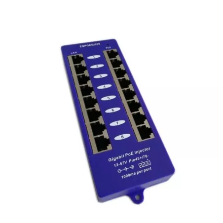 Passive POE Injector Hub, 8 Port, Gigabit, Blue - MiRO Distribution