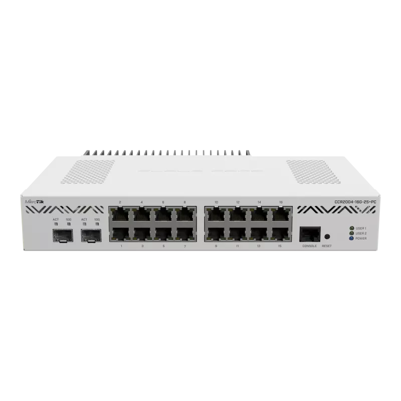 MikroTik CCR2004-16G-2S+PC, 16 x 1GB Ethernet ports, 2 x 10G SFP+, 1 x RJ45 Serial console port